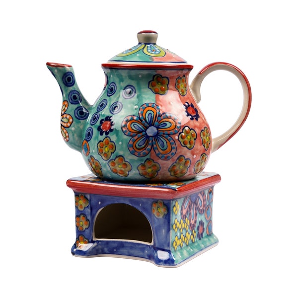 Teapot with teapot warmer, ceramic, hand painted, colorful with floral pattern