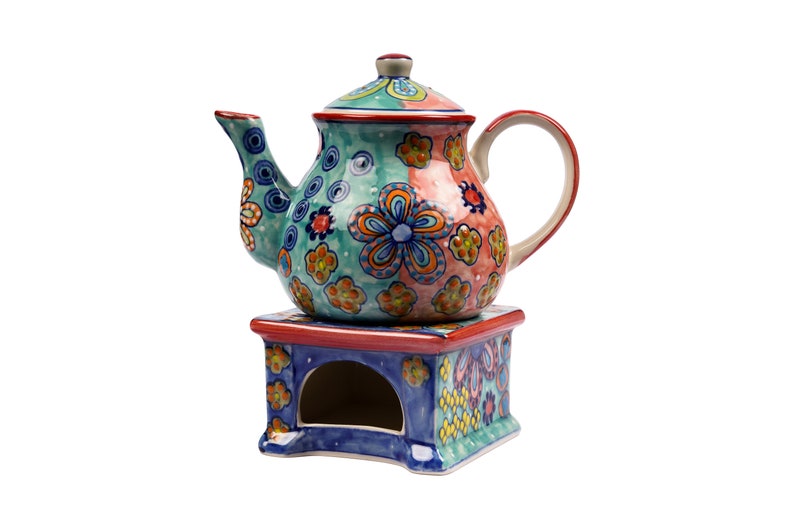 Teekanne mit Stövchen Keramik handbemalt bunt mit Blumenmuster Bild 1