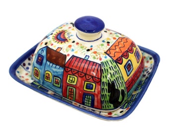 Hand-Painted Ceramic Butter Dish – Colorful House Design | Cottagecore Kitchen Decor | Country Style Butter Keeper