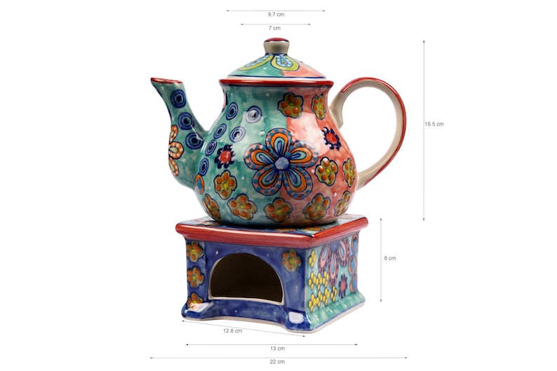 Teekanne mit Stövchen Keramik handbemalt bunt mit Blumenmuster Bild 3