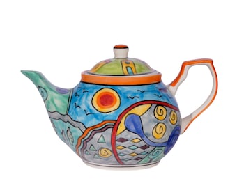 Teapot landscape motif ceramic hand-painted