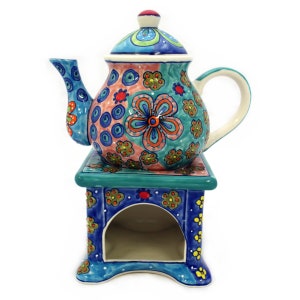 Teekanne mit Stövchen Keramik handbemalt bunt mit Blumenmuster Bild 2