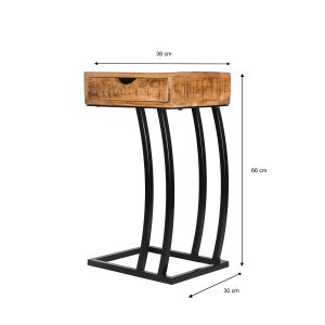 May include: A side table with a natural wood finish and a single drawer. The table's top is 38 cm wide. It has a black metal base with curved legs and measures 66 cm high and 30 cm deep.