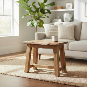 Taburete de madera de acacia, taburete con borde de madera natural.