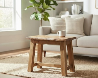 Wooden stool made of acacia wood, stool with natural wood edge