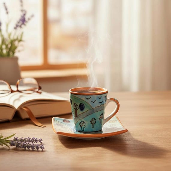 Espressotassen mit Unterteller, handbemalt, Set/4