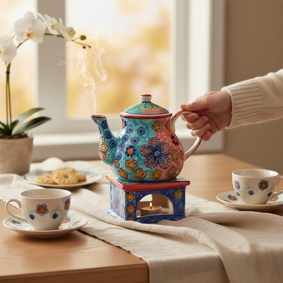 Teekanne mit Stövchen Keramik handbemalt bunt mit Blumenmuster