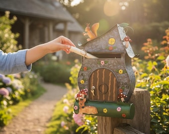 Mailbox with newspaper roll, fanciful, colorful, fable house, forest house, fairy tale