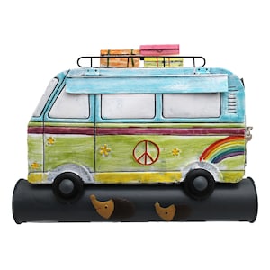 Mailbox bus with newspaper roll, fanciful, colorful, A4 suitable