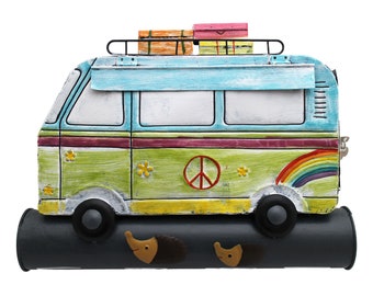 Mailbox bus with newspaper roll, fanciful, colorful, A4 suitable