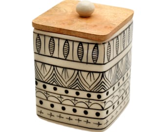 Container Spice Tin Thee Kan Keramisch Hand beschilderd met houten deksel Set/2