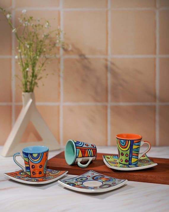 Espressotassen mit Unterteller, bunt, handbemalt, Set/3