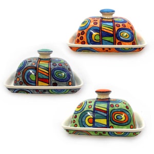 Butter dish colorful hand painted ceramic