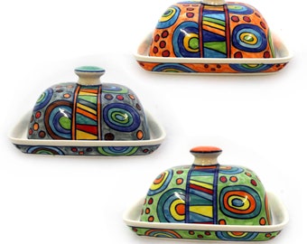 Colorful Ceramic Butter Dish, Hand-Painted & High-Fired | Dishwasher Safe | Fits 250g Butter | Cheerful Handmade Design