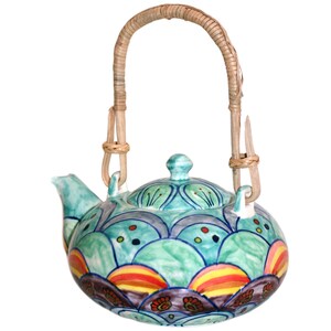 May include: A teal blue ceramic teapot with a colorful floral design and a woven bamboo handle.