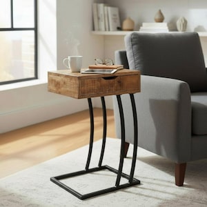 May include: A wooden side table with a drawer, supported by black metal legs. A white mug, glasses, and a tablet rest on the table's surface. The table is approximately 24 inches high.