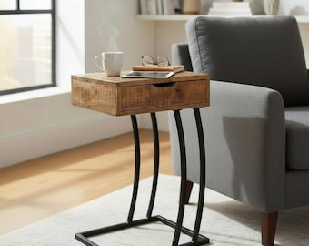 Side table, mango wood table top, curved with drawer