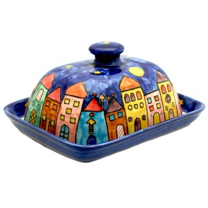 Butter Dish Hand Painted with Colourful City Motif