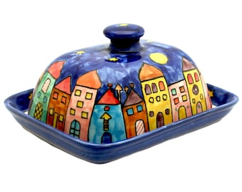 Butter Dish Hand Painted with Colourful City Motif