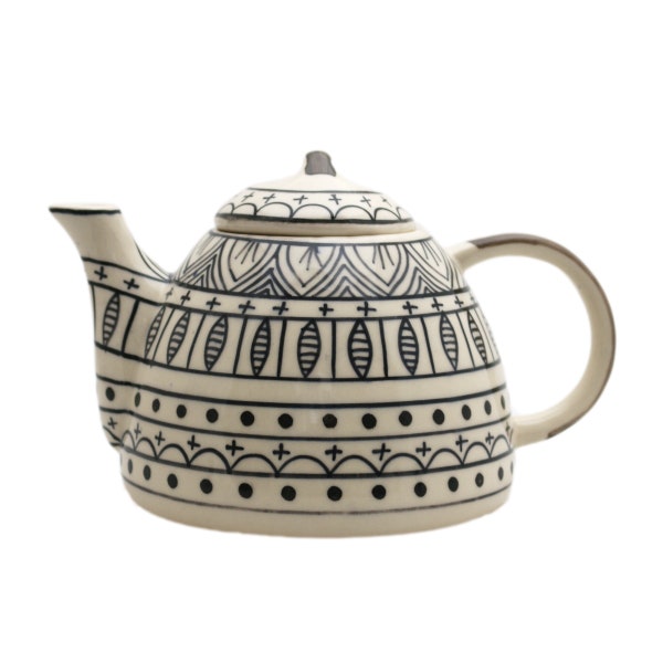 Teekanne schwarz/weiß Keramik handbemalt