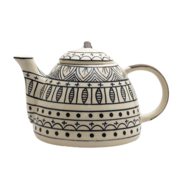 Teapot black/white ceramic handpainted