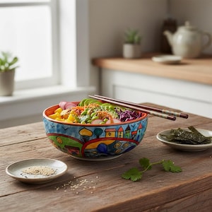 ceramic bowl, handpainted, colorful, landscape design