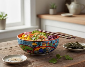 Salatschüssel, bunt, Landschaftsbemalung, Keramik, handbemalt