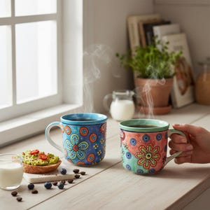 Taza de café de cerámica XL, pintada a mano con estampado floral, apta para lavavajillas.