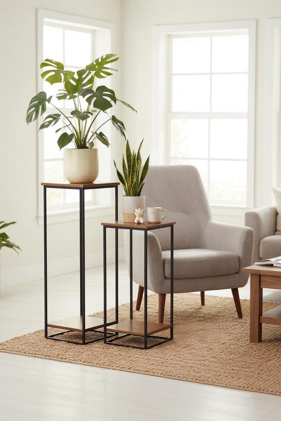 Säulenmöbel Set/2 , Blumenbank, Holz und schwarzes Metallgestell, handgefertigt