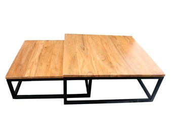 Coffee table set/2 square, wood with black metal frame, handmade