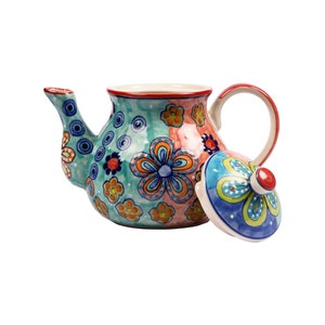 Teekanne mit Stövchen Keramik handbemalt bunt mit Blumenmuster Bild 4