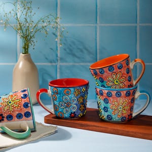 XL ceramic coffee mug, hand-painted with floral pattern, dishwasher safe