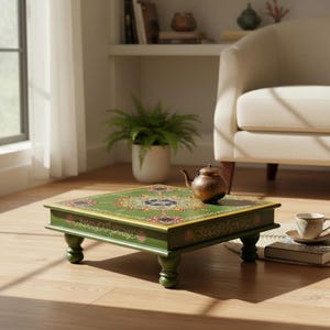 Tebord, handmålat, bajonettstil, blomsterställ, dekorativt bord, magowood/MDF-trä, orientalisk, indisk, färgglad, handgjord, mandala, grön
