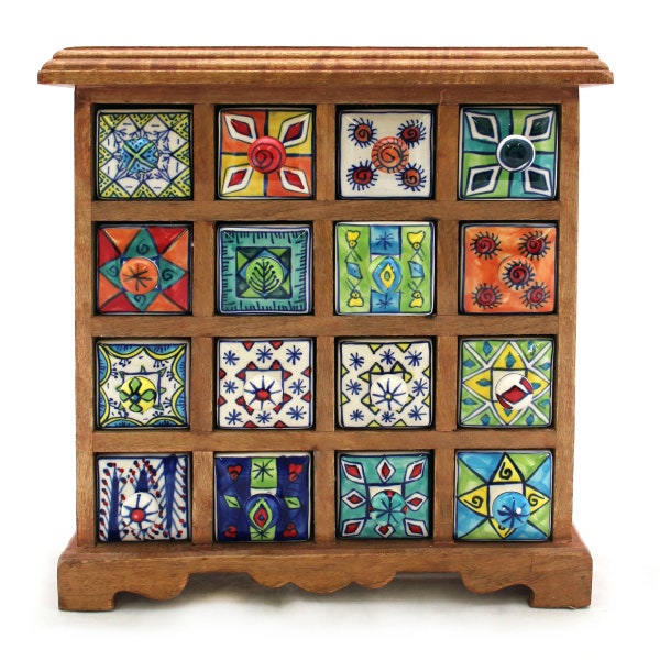 Mini wooden cabinets with hand-painted ceramic bays