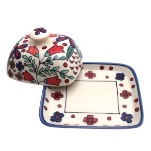 Butter bowl hand painted flowers blue red