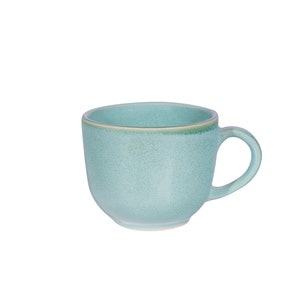 Puede incluir: Una taza de té de cerámica azul claro con forma redondeada y asa.