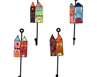 Wall Hooks Ceramic Metal Hand Painted Set/4