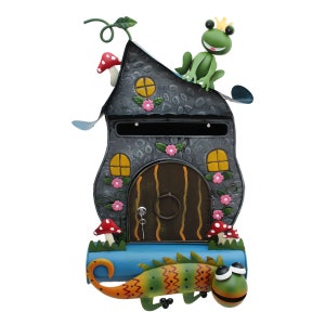 Mailbox with newspaper roll, fanciful, colorful, fable house, forest house, fairy tale