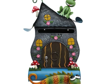 Mailbox with newspaper roll, fanciful, colorful, fable house, forest house, fairy tale