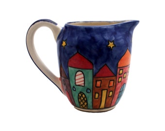 Milk jug ceramic hand-painted colorful with city motif