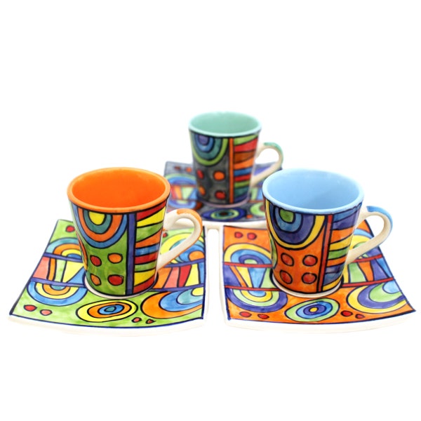 Espresso Cups with Saucers Colourfully Painted Set/3