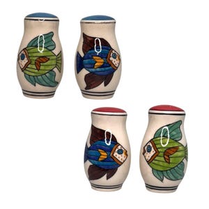 Hand-painted salt and pepper shaker with fish motif – unique ceramic piece in maritime country house style