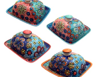 Ceramic Butter Dish with Flower Painting, Hand Painted