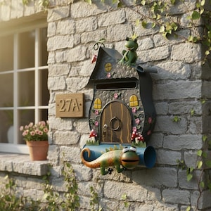Mailbox with newspaper roll, fanciful, colorful, fable house, forest house, fairy tale