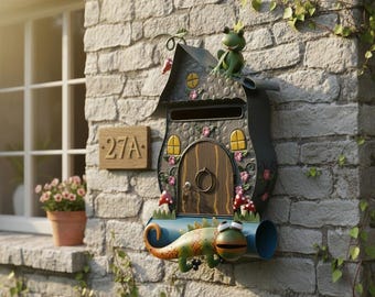 Mailbox with newspaper roll, fanciful, colorful, fable house, forest house, fairy tale 