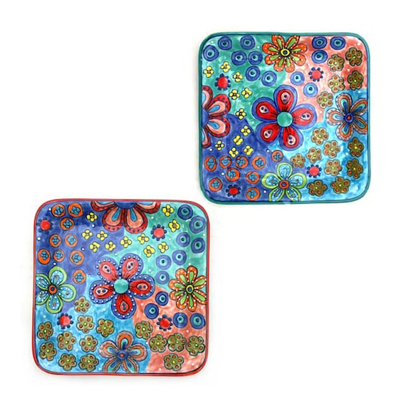 Frühstücksteller, Kuchenteller, Speiseteller, bunt bemalt, quadratisch, Blumenmuster Set/2