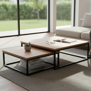 Coffee table set/2 square, wood with black metal frame, handmade