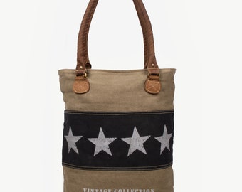 Schultertasche beige mit Sternen Canvas