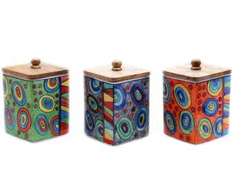 Container spice jar tea caddy ceramic hand-painted with wooden lid