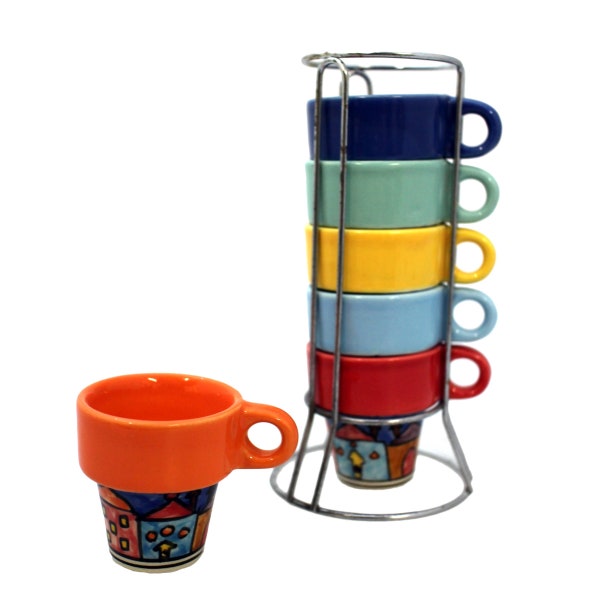 Cup tower with city motif | 4 cups with cup dispenser